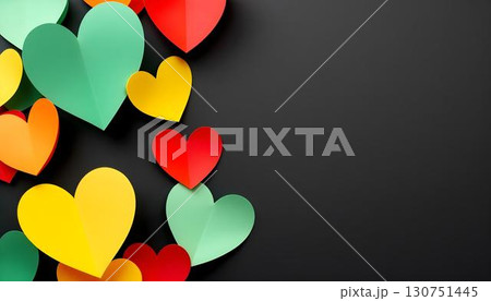 Colorful paper hearts scattered on a black background, symbolizing love and unity for Juneteenth celebrations 130751445