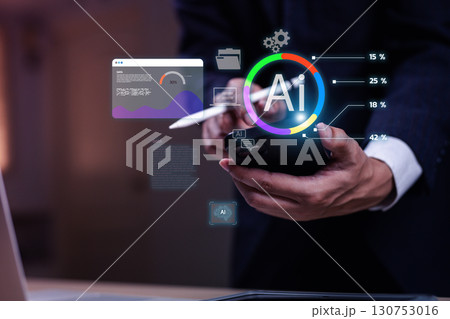 Businessman using smartphone with AI technology interface, data analytics dashboard, and digital innovation concept for artificial intelligence, automation and smart business solutions. 130753016