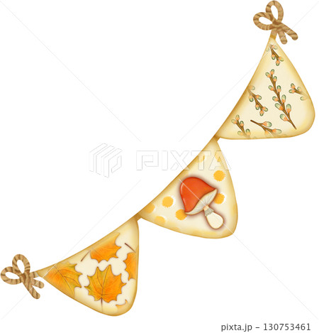 Colorful illustration of pumpkins and autumn leaves in warm shades and element perfect for seasonal decorations and fall themes.  130753461