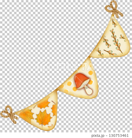 Colorful illustration of pumpkins and autumn leaves in warm shades and element perfect for seasonal decorations and fall themes.  130753461