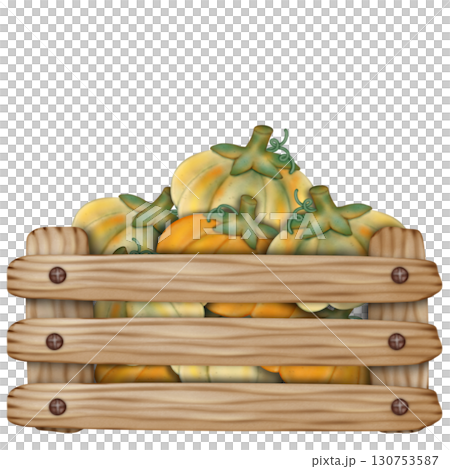 Colorful illustration of pumpkins and autumn leaves in warm shades and element perfect for seasonal decorations and fall themes.  130753587