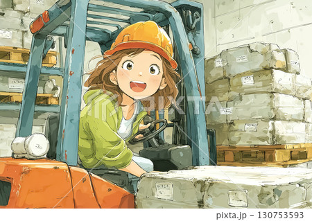 美優シリーズ：医薬品倉庫でフォークリフトを操作する美優 130753593