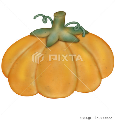 Colorful illustration of pumpkins and autumn leaves in warm shades and element perfect for seasonal decorations and fall themes.  130753622