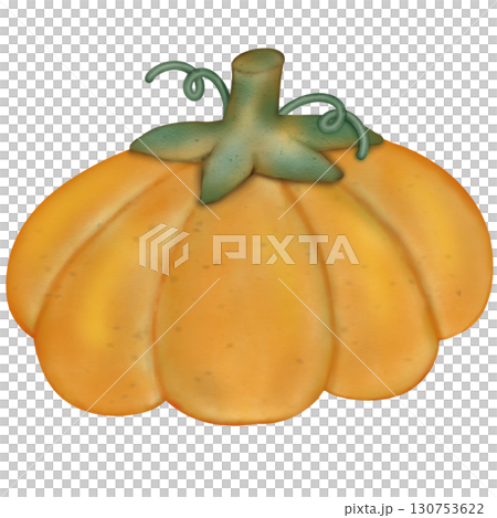Colorful illustration of pumpkins and autumn leaves in warm shades and element perfect for seasonal decorations and fall themes.  130753622
