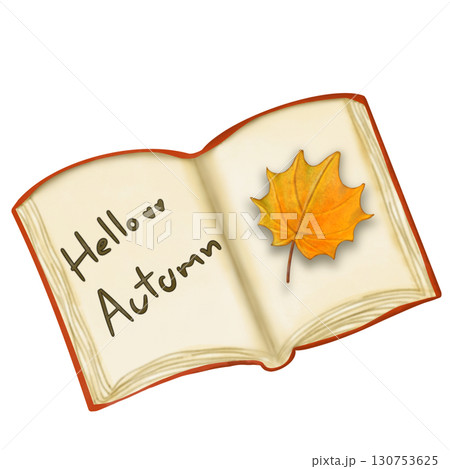 Colorful illustration of pumpkins and autumn leaves in warm shades and element perfect for seasonal decorations and fall themes.  130753625