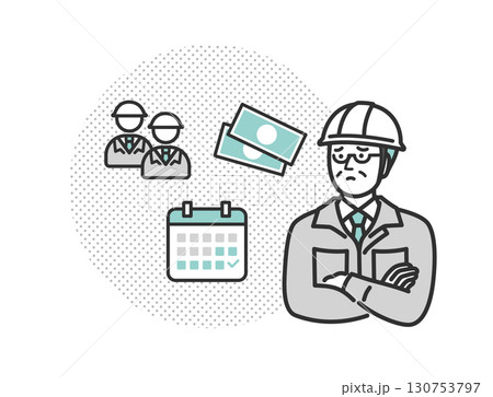 悩んでいる　ミドル　シニア　中年の作業服の男性のアイコンイラスト 130753797