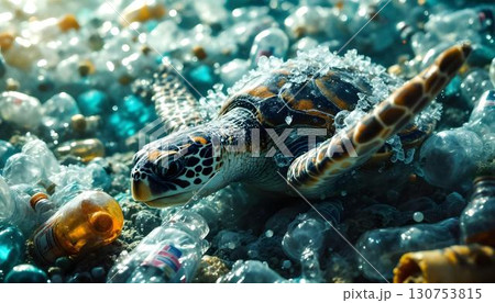 A turtle swims in the ocean, navigating through a sea of plastic bottles on World Oceans Day 130753815