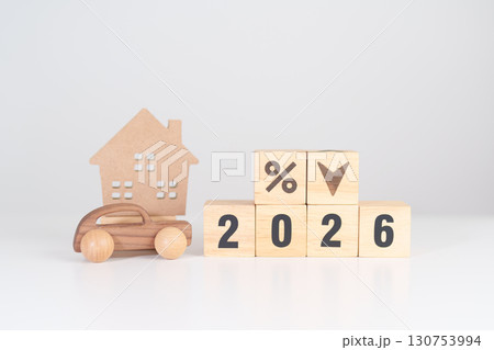2026 New Year with percentage change to UP and Down arrow with car and Home model. Car loan, Interest rate, real estate, house, Insurance, Financial, Repair, Tax, mortgage and Maintenance 130753994