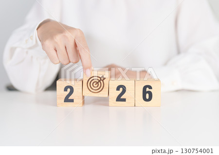 2026 year block with dartboard icon. Goal, Target, Resolution, strategy, plan, Action, mission, motivation, and New Year start concepts 130754001