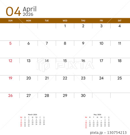 April 2026 Calendar. Week start on Sunday. Desk calendar 2026 design, simple and clean design, Wall calendar for print, digital calendar, Corporate design planner template vector. 130754213