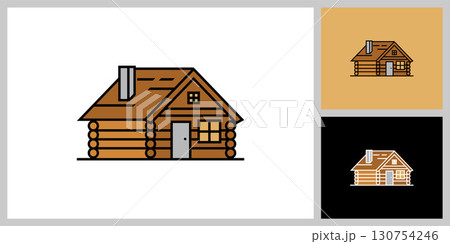 An illustration of a log house or cabin in a simple yet colorful flat design style, complete with a black outline. An illustration of a log house or cabin in a simple yet colorful flat design style, complete with a black outline. 130754246