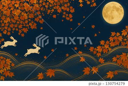 満月と紅葉とうさぎの和風イラストレーション 130754279