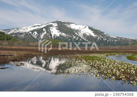Lake Oze in early summer 初夏の尾瀬沼，雪解けの尾瀬湿原を歩く木道からの風景 130754308