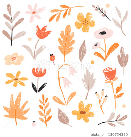 Flower spring vector garden cute element set. Hand drawn pastel flower, leaf, wildflower daisy cute elements with crayon chalk texture. Doodle garden floral plant kid background. Vector 130754350