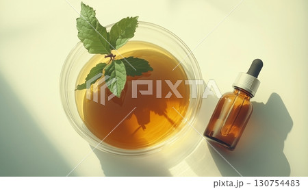 Patchouli extract oil organic aromatic extract leaves and glass serum bottle 130754483