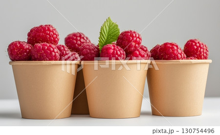 Raspberry fresh fruit on brown paper bowl disposable in white ceramic table 130754496