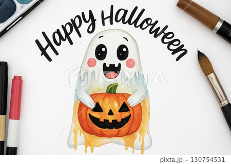 かわいいお化けとかぼちゃの手書き風ハロウィンイラスト 130754531