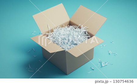 Cardboard box with shredded paper safety fragile product delivery shipment Cardboard box with shredded paper safety fragile product delivery shipment 130754636