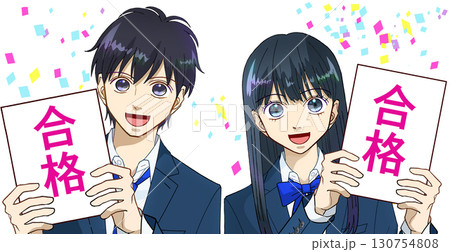 合格に喜ぶ高校生または中学生の男女のアニメ風イラスト、白バック 130754808