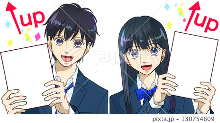 成績アップに喜ぶ高校生または中学生の男女のアニメ風イラスト、白バック 130754809