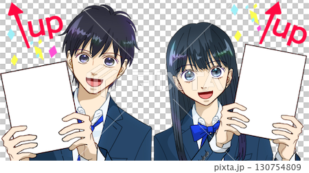 成績アップに喜ぶ高校生または中学生の男女のアニメ風イラスト、白バック 130754809