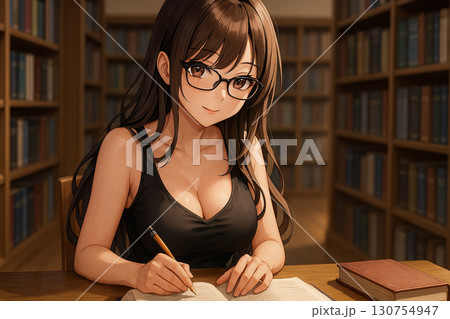 図書館で勉強する茶髪の日本人成人女性メガネ姿.jpg 130754947