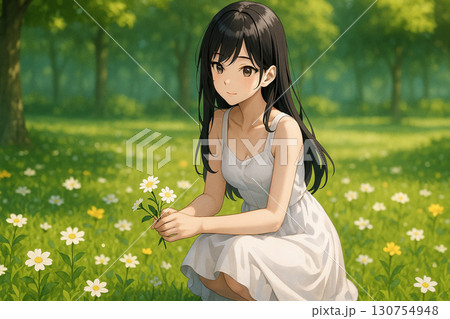 公園で花を摘む黒髪の日本人成人女性.jpg 公園で花を摘む黒髪の日本人成人女性.jpg 130754948