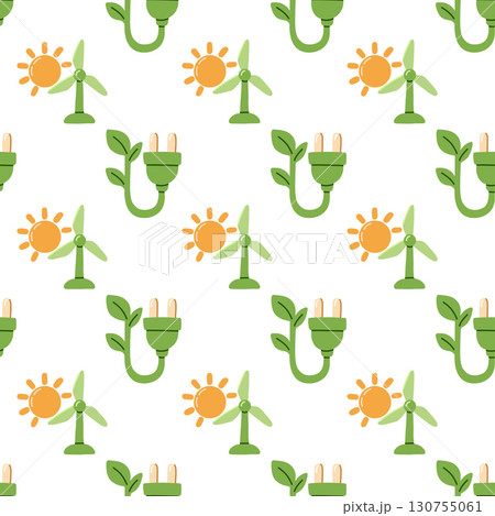 Seamless eco pattern with solar energy, wind turbine and green electric plug. Renewable energy design for sustainability, clean power and environmental projects Seamless eco pattern with solar energy, wind turbine and green electric plug. Renewable energy design for sustainability, clean power and environmental projects 130755061