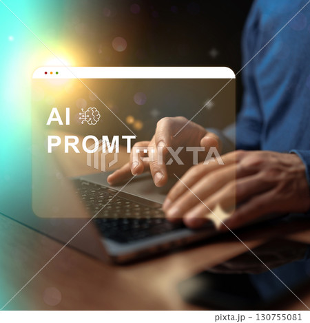 Hands typing on a laptop displaying AI tools for prompt generation at a cozy workspace setting Hands typing on a laptop displaying AI tools for prompt generation at a cozy workspace setting 130755081