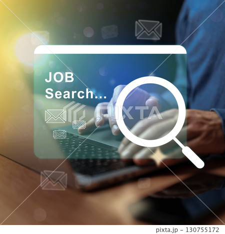 Engaging in a job search with a computer and virtual search interface highlighting email notifications Engaging in a job search with a computer and virtual search interface highlighting email notifications 130755172