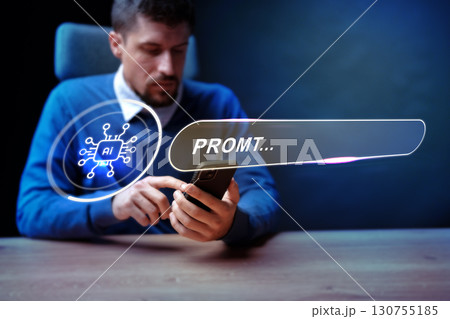 Man interacting with smartphone displaying AI features in a dimly lit workspace in the evening Man interacting with smartphone displaying AI features in a dimly lit workspace in the evening 130755185