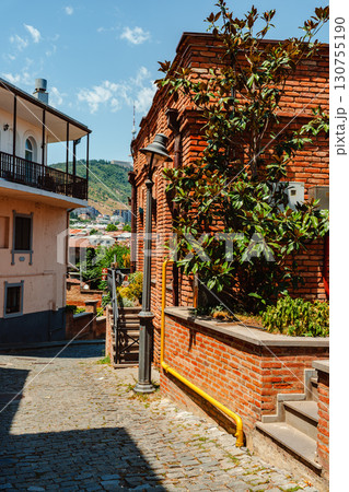 Explore a picturesque cobblestone street with charming brick buildings and greenery in Tbilisi's historic district during a sunny day Explore a picturesque cobblestone street with charming brick buildings and greenery in Tbilisi's historic district during a sunny day 130755190