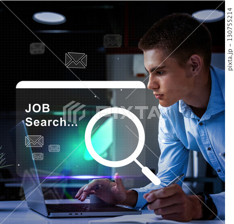 Young professional engaging in job search on laptop while focusing intently in a modern workspace during evening hours Young professional engaging in job search on laptop while focusing intently in a modern workspace during evening hours 130755214