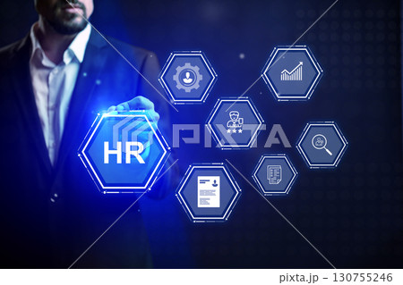 HR professional interacting with digital technology to manage workforce effectively HR professional interacting with digital technology to manage workforce effectively 130755246