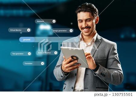 Smiling professional engages with a tablet, exploring digital tools in a modern office environment 130755501