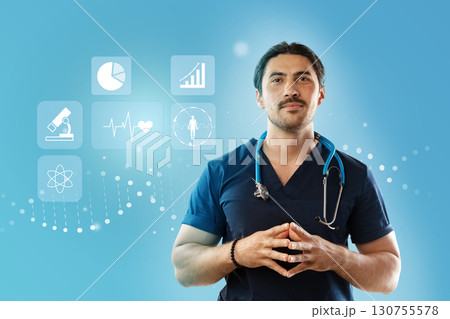 Healthcare professional stands confidently with medical icons in background during a bright, modern setting Healthcare professional stands confidently with medical icons in background during a bright, modern setting 130755578