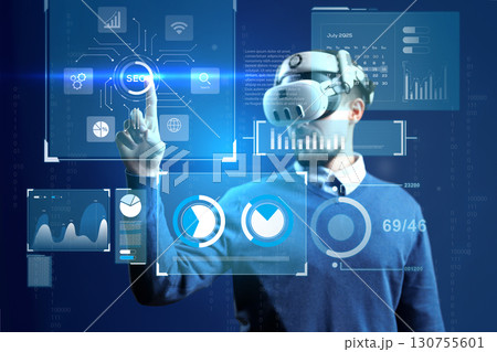 Virtual reality enhances data interaction for analytics and SEO in a futuristic workspace Virtual reality enhances data interaction for analytics and SEO in a futuristic workspace 130755601