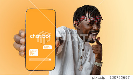 Engaging individual proudly showcases a chatbot application on a smartphone against a vibrant orange background Engaging individual proudly showcases a chatbot application on a smartphone against a vibrant orange background 130755697
