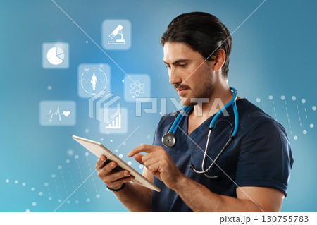 Healthcare professional uses digital tablet to analyze patient data in a modern medical environment with various health icons Healthcare professional uses digital tablet to analyze patient data in a modern medical environment with various health icons 130755783