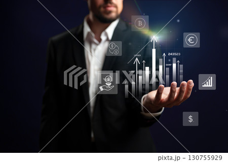 Business professional analyzing cryptocurrency trends and financial data during a digital presentation in an office setting Business professional analyzing cryptocurrency trends and financial data during a digital presentation in an office setting 130755929