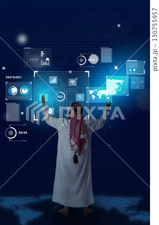 Business professional utilizes innovative technology for data analysis and digital marketing strategies in a modern workspace Business professional utilizes innovative technology for data analysis and digital marketing strategies in a modern workspace 130755957