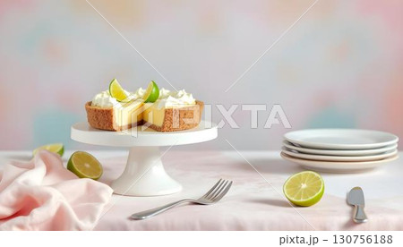 A delicious slice of Key Lime Pie on a cake stand, featuring its bright green filling and crumbly crust, perfect for summer gatherings 130756188