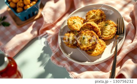 A plate of crispy fried green tomatoes served on a table, perfect for summer dining 130756232