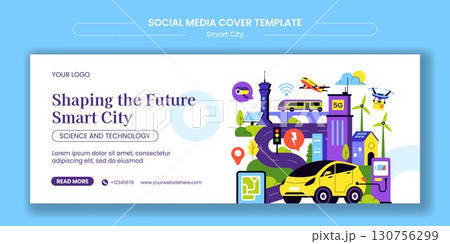 Flat Cartoon Vector Illustration of Smart City Infrastructure for Social Media Cover Background 130756299