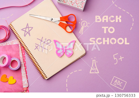 Creative supplies and activities for back-to-school preparations on a pastel purple background 130756333
