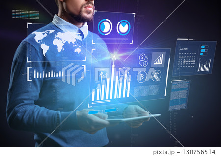 Professional analyzing data on a digital tablet with futuristic interface elements and global information Professional analyzing data on a digital tablet with futuristic interface elements and global information 130756514
