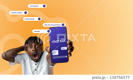 Surprised individual showcasing mobile chatbot technology for programming assistance in a modern setting Surprised individual showcasing mobile chatbot technology for programming assistance in a modern setting 130756577