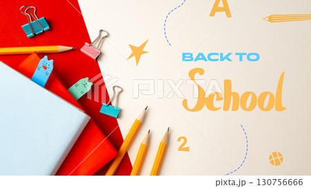 Creative back to school stationery arrangement on a colorful background featuring pencils and clips Creative back to school stationery arrangement on a colorful background featuring pencils and clips 130756666