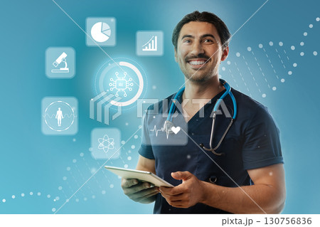 Healthcare professional using digital tablet to track patient data and monitor health metrics during modern medical practice 130756836