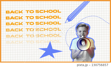 Cheerful boy using megaphone to announce back to school event with colorful background and playful design elements 130756857